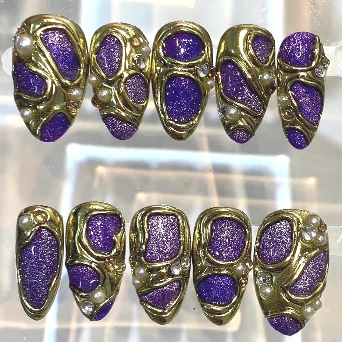 Purple Gold Press On Nails | Luxury 3D Metal Nails | Handmade Royal Nail Set
