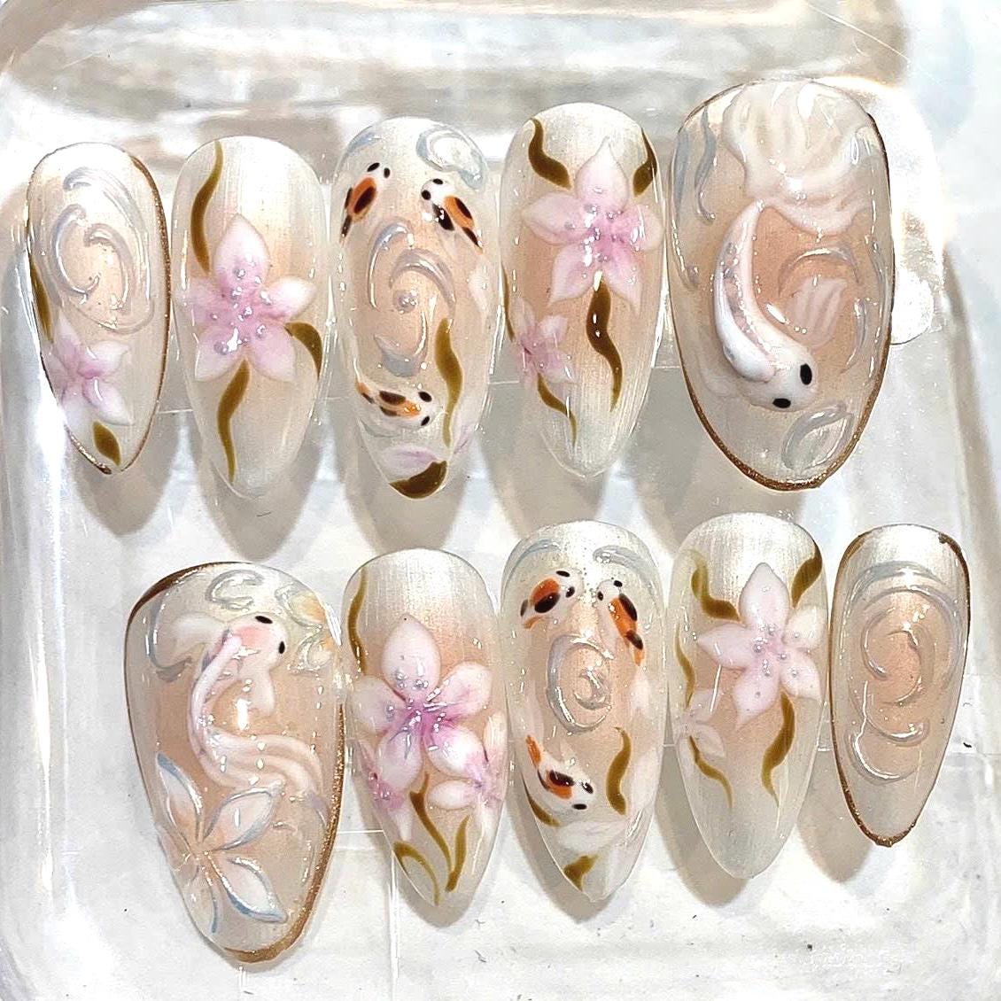 Koi Fish Press On Nails, 3D Floral Nails, Japanese Inspired Nails, Pearl White Nude Nails, Elegant Handmade Fake Nails