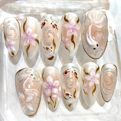 Koi Fish Press On Nails, 3D Floral Nails, Japanese Inspired Nails, Pearl White Nude Nails, Elegant Handmade Fake Nails
