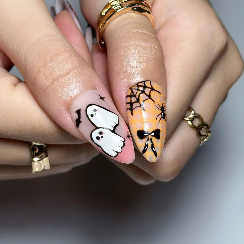 Halloween Press On Nails | Cute Ghost Pumpkin Nails | Witch Hat & Bat Nail Art | Spooky Orange Pink Nails | Handmade Press Ons | JC683UG