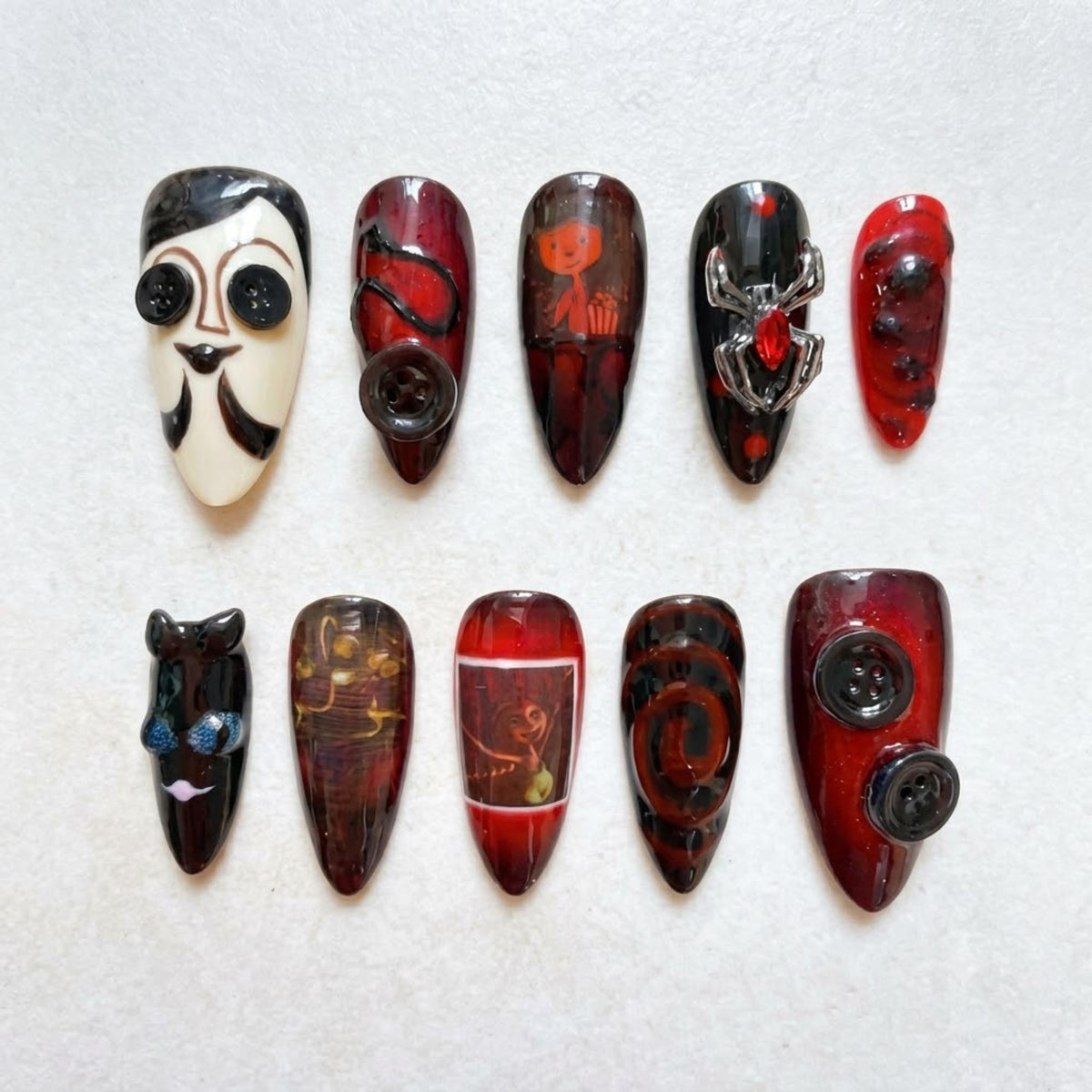 Handmade Coraline Press On Nails | Other Mother Inspired | Gothic Almond Nails | Button Eye Spider Nail | Creepy Character Art