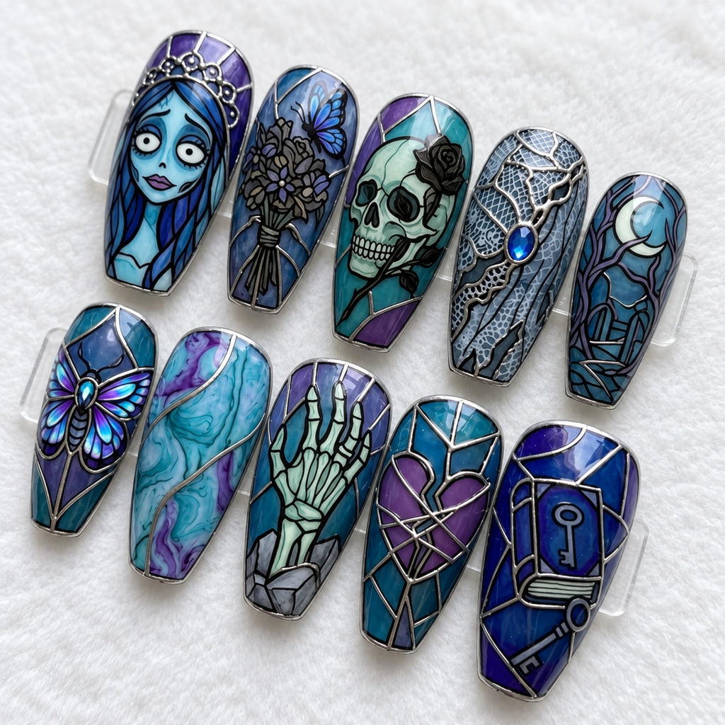 Handmade Corpse Bride Press On Nails | Gothic Stained Glass | Dark Romance Coffin Nails | Skull Butterfly Heart Nail Art