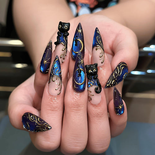 3D Black Cat Halloween Press On Nails, Celestial Galaxy Moon Star Nail Art