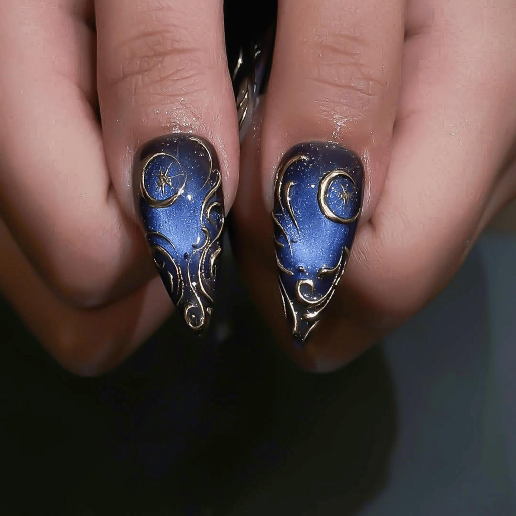 3D Black Cat Halloween Press On Nails, Celestial Galaxy Moon Star Nail Art