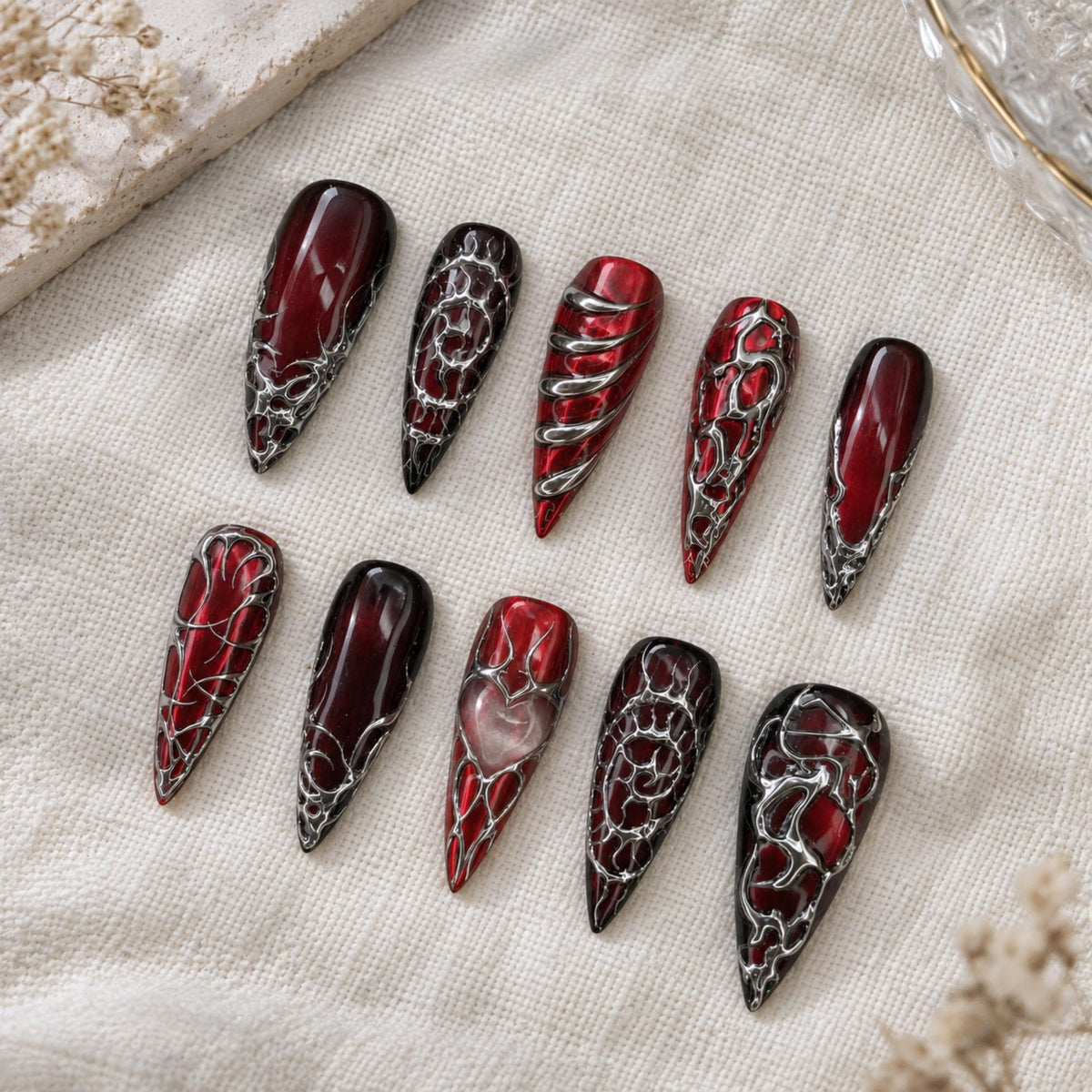 Gothic Red Press On Nails, Silver Chrome 3D Nails, Dark Romantic Y2K Nail Art