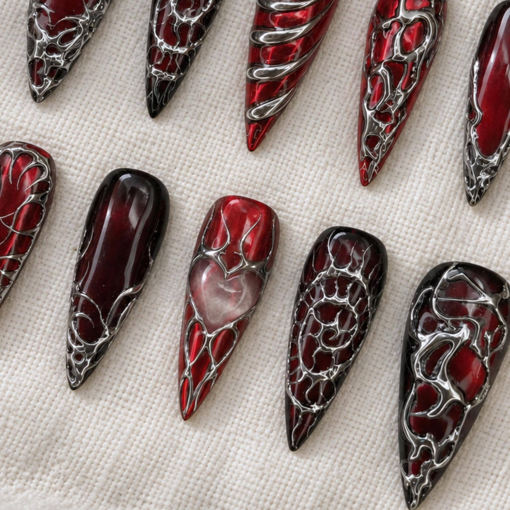 Gothic Red Press On Nails, Silver Chrome 3D Nails, Dark Romantic Y2K Nail Art