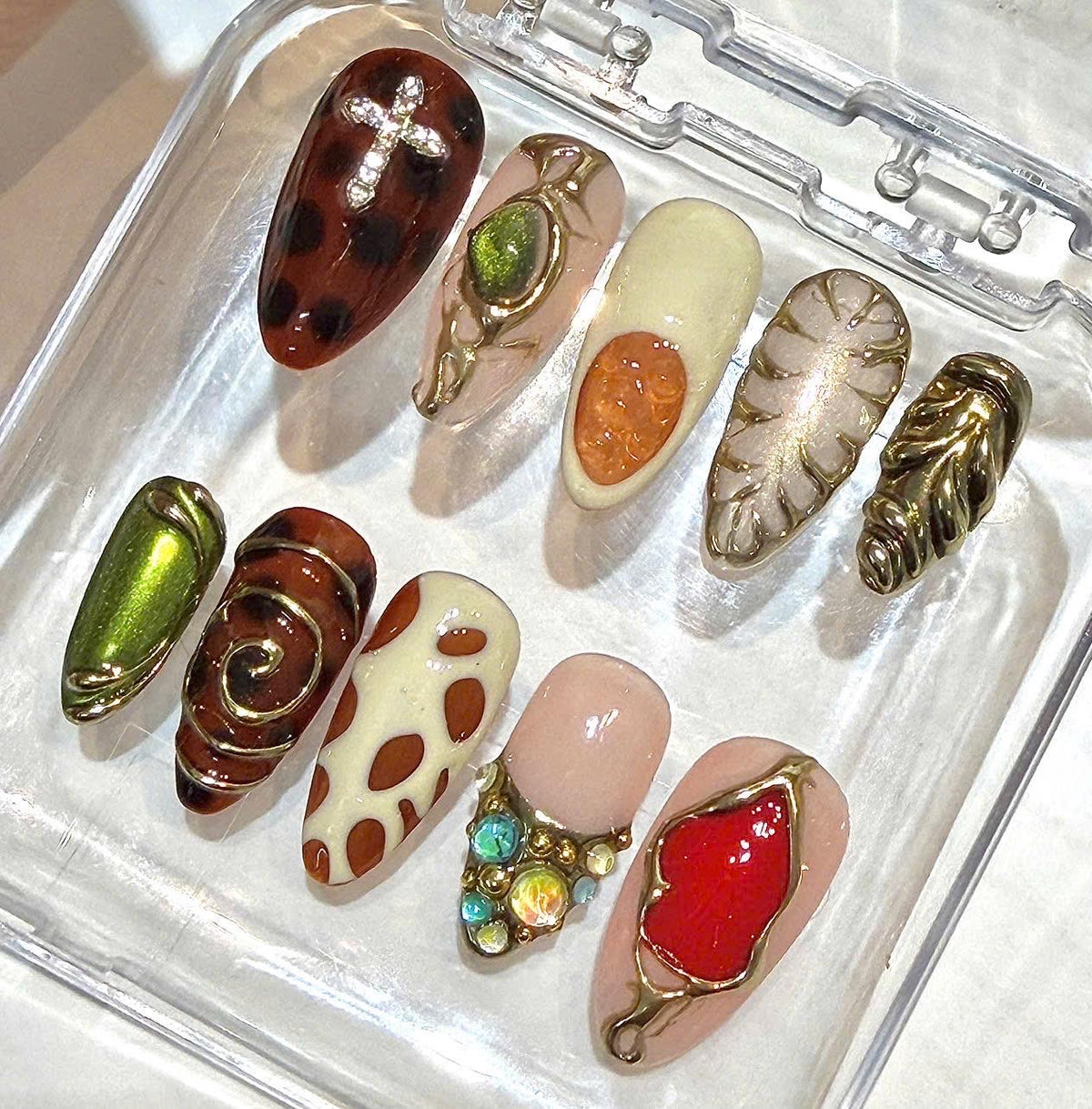 Gold Press-On Nails, Brown Green Gold, Ruby Gem, 3D Artistic Design