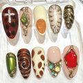 Gold Press-On Nails, Brown Green Gold, Ruby Gem, 3D Artistic Design