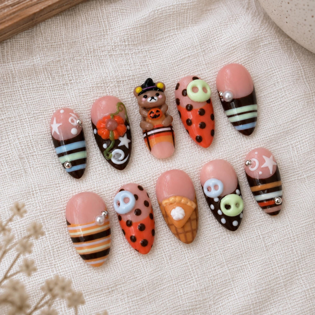 Kawaii Halloween Press On Nails, 3D Bear Pumpkin Striped Nails, Cute Holiday Nail Art