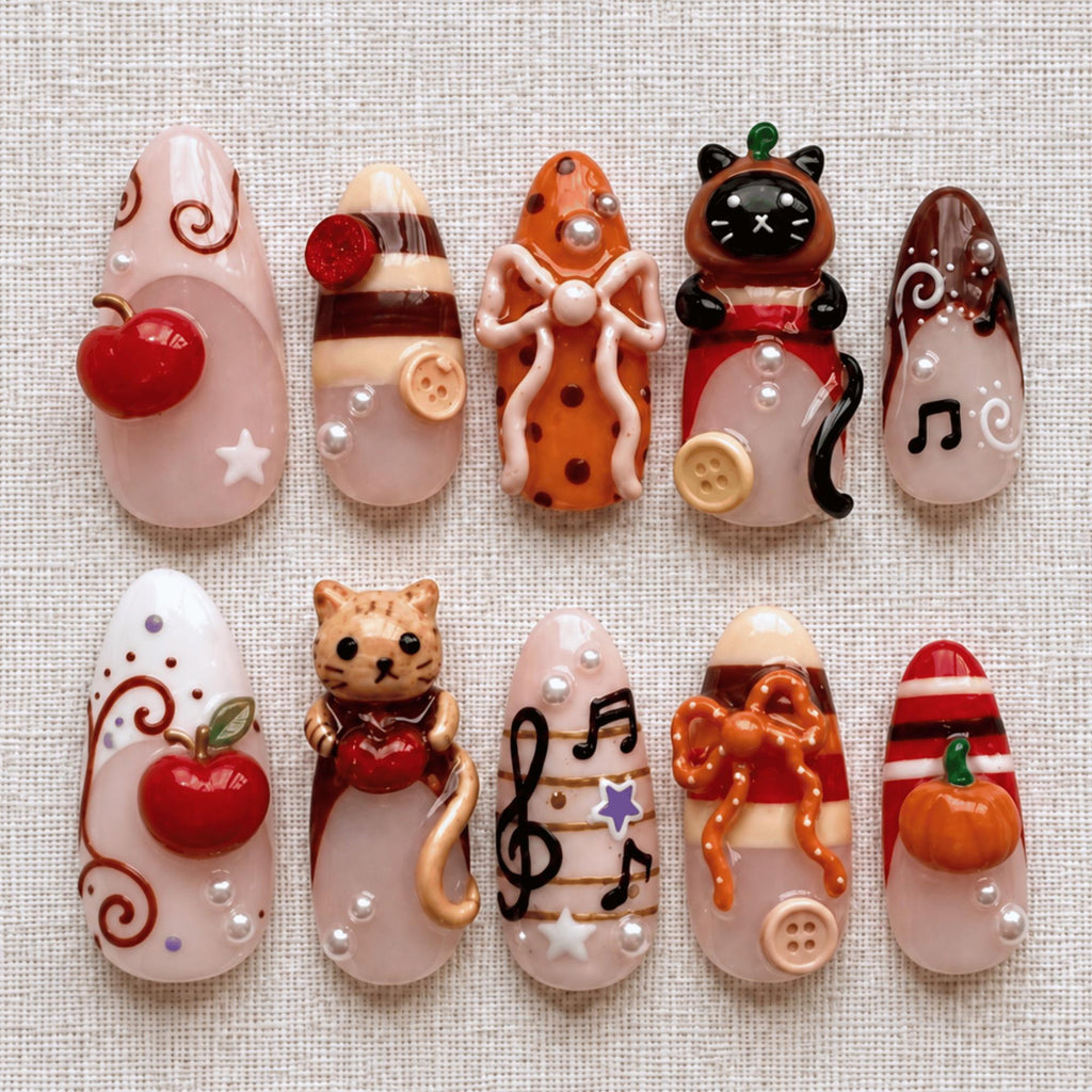 3D Cat Press On Nails, Handmade Fall Apple Nails, Cute Kawaii Nail Art
