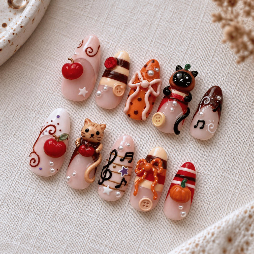3D Cat Press On Nails, Handmade Fall Apple Nails, Cute Kawaii Nail Art