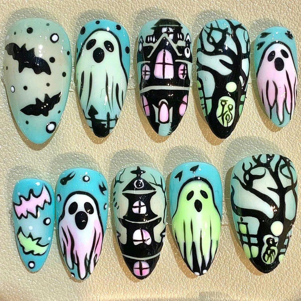 Halloween Ghost Press On Nails – Haunted House & Bat Nail Art – Spooky Handmade False Nails
