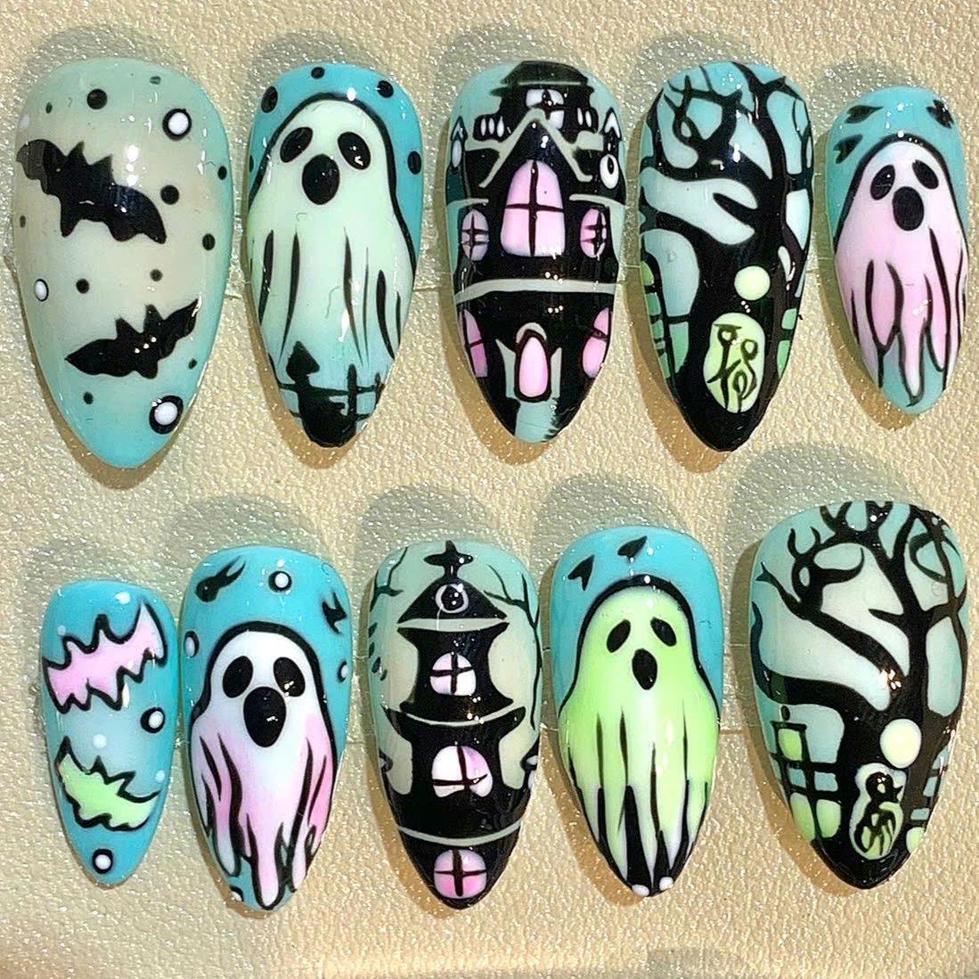 Halloween Ghost Press On Nails – Haunted House & Bat Nail Art – Spooky Handmade False Nails
