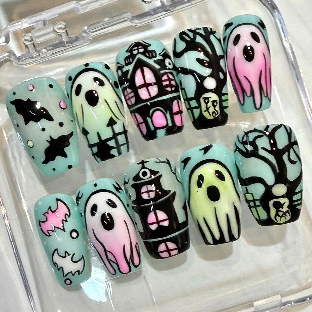 Halloween Ghost Press On Nails – Haunted House & Bat Nail Art – Spooky Handmade False Nails