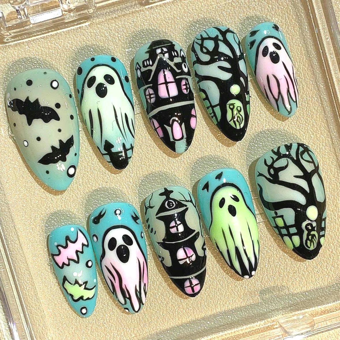 Halloween Ghost Press On Nails – Haunted House & Bat Nail Art – Spooky Handmade False Nails