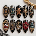 Handmade Gothic Christmas Press On Nails, 3D Gingerbread & Poinsettia Fake Nails, Black Gold Holiday Glue On Nails, Luxury Vintage Nails