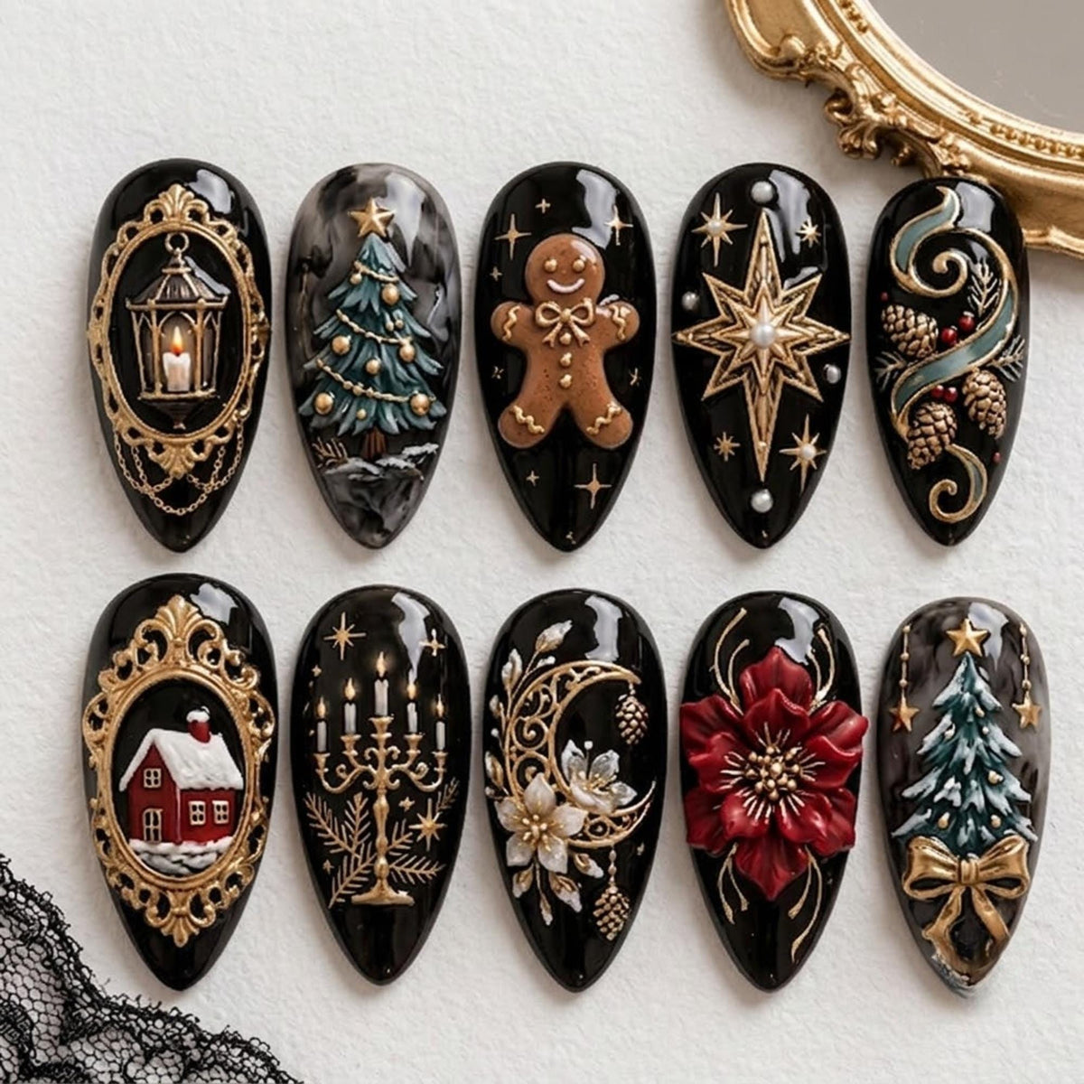 Handmade Gothic Christmas Press On Nails, 3D Gingerbread & Poinsettia Fake Nails, Black Gold Holiday Glue On Nails, Luxury Vintage Nails