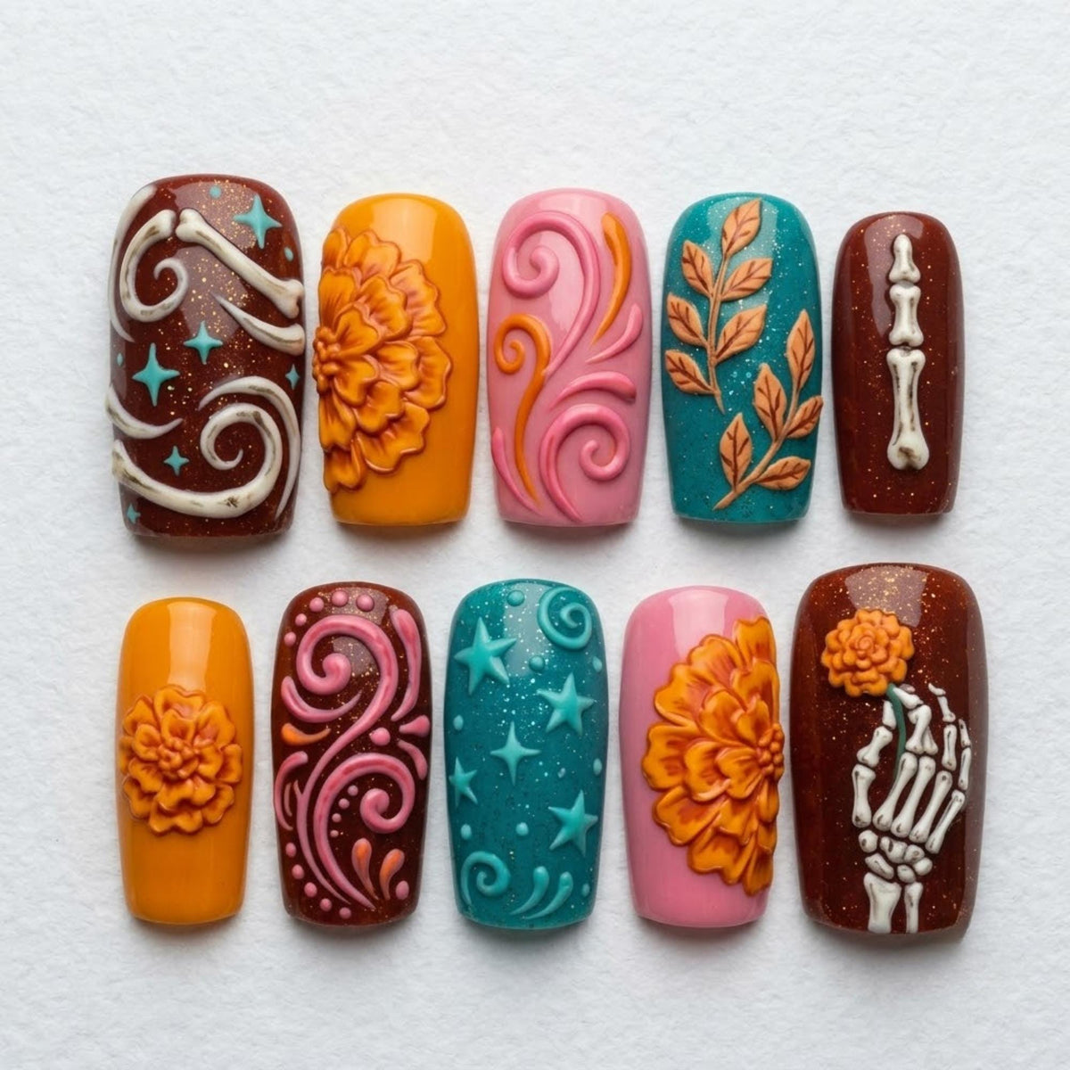 Day of the Dead Press On Nails, 3D Skeleton Hand Marigold Celestial Floral Nails, Custom Halloween Nails