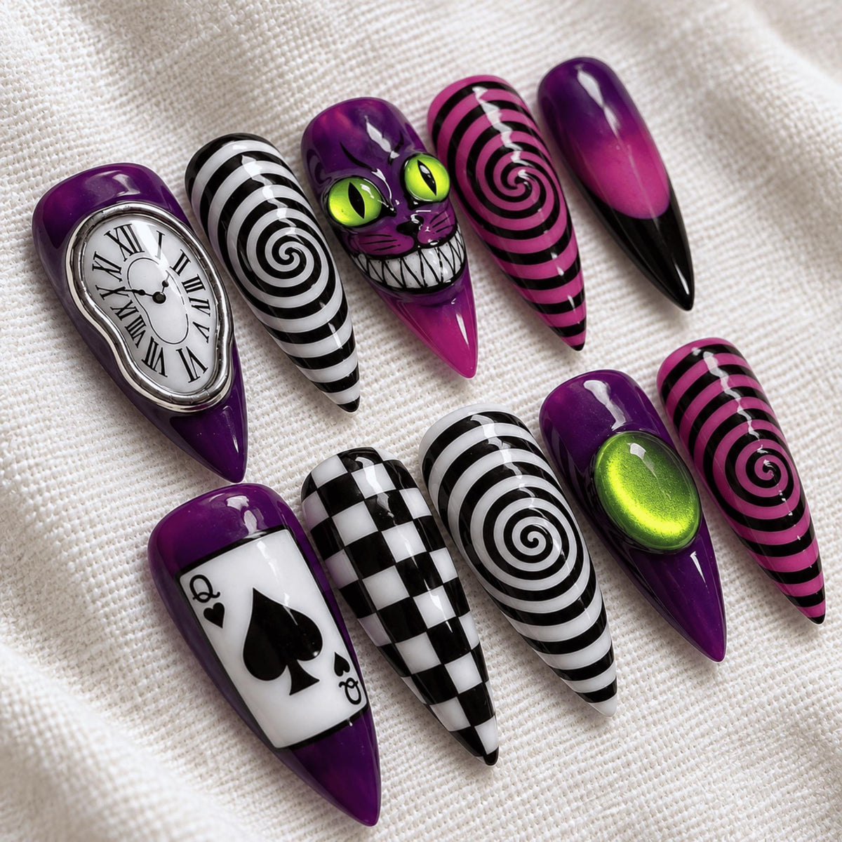 Gothic Cat Press On Nails, Purple Halloween Spooky Nails, Hypnotic Spiral Nail Art