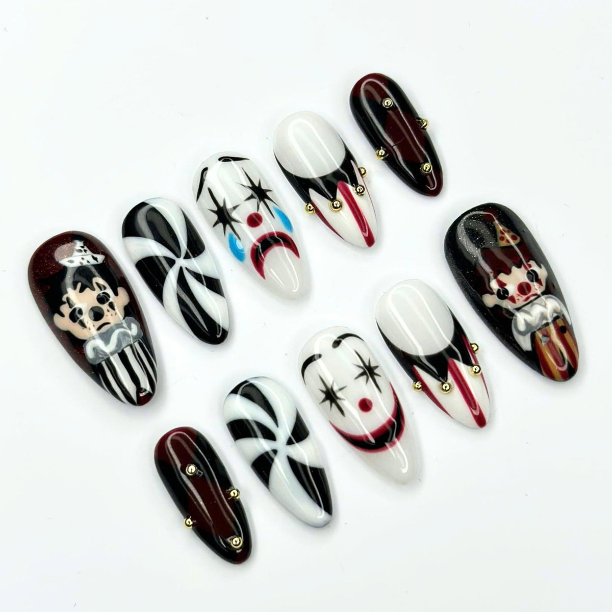 Artistic Clown Press On Nails | Creepy Circus Nail Art | Black White Red Jester Nails | Dark Carnival Handmade Press Ons | JC686UC