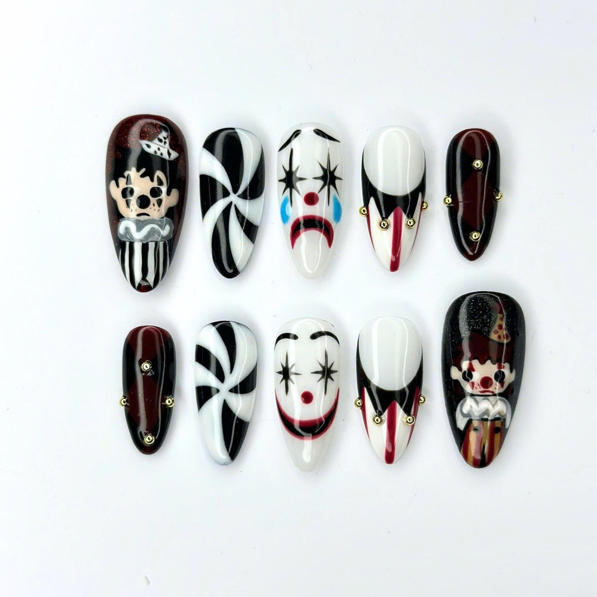 Artistic Clown Press On Nails | Creepy Circus Nail Art | Black White Red Jester Nails | Dark Carnival Handmade Press Ons | JC686UC