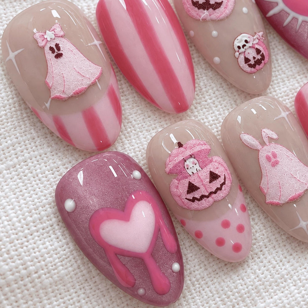 Pink Halloween Press On Nails, 3D Ghost Pumpkin Nail Art, Kawaii Spooky Nails