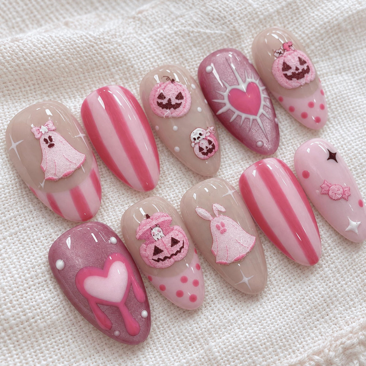 Pink Halloween Press On Nails, 3D Ghost Pumpkin Nail Art, Kawaii Spooky Nails