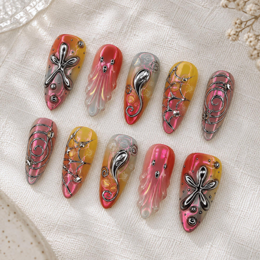 Y2K Futuristic Press On Nails, 3D Abstract Jelly Nail Set, Cyber Silver Chrome Nails
