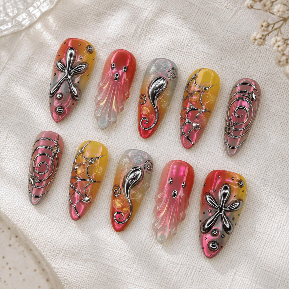 Y2K Futuristic Press On Nails, 3D Abstract Jelly Nail Set, Cyber Silver Chrome Nails