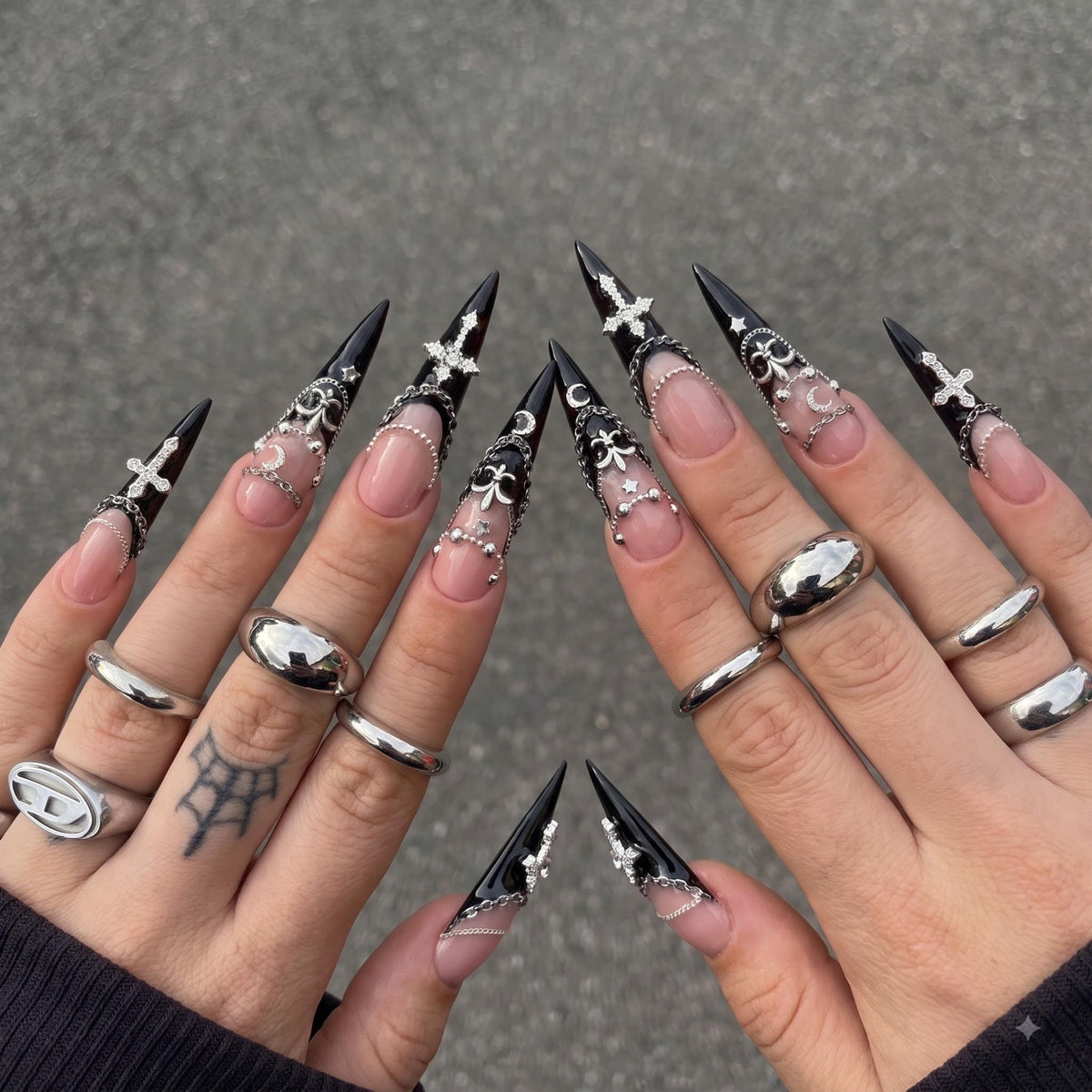 Gothic Press On Nails | Silver Cross & Butterfly Charms | Black Chain Nail Art | Dark Jewelry Long Stiletto Press Ons | JB681UI