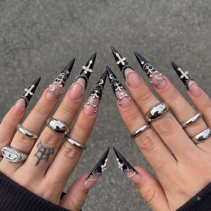 Gothic Press On Nails | Silver Cross & Butterfly Charms | Black Chain Nail Art | Dark Jewelry Long Stiletto Press Ons | JB681UI