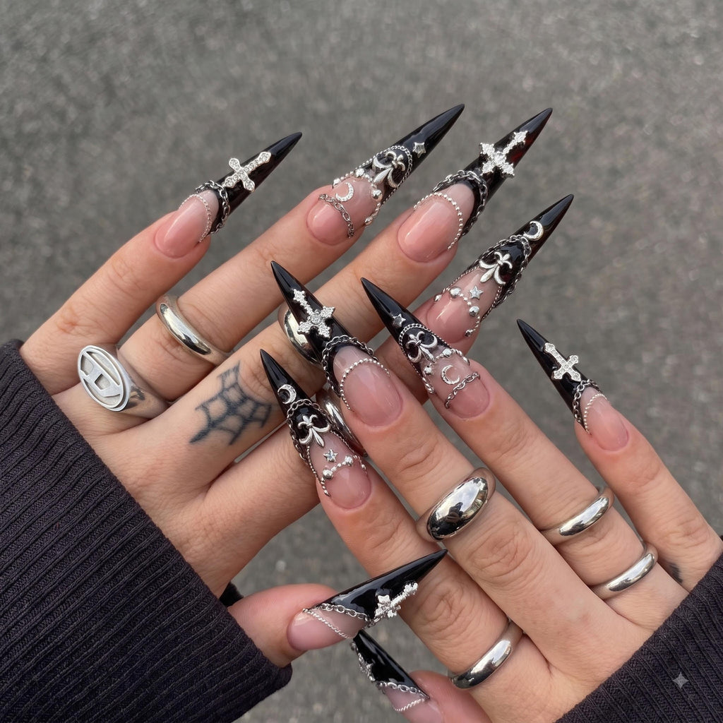 Gothic Press On Nails | Silver Cross & Butterfly Charms | Black Chain Nail Art | Dark Jewelry Long Stiletto Press Ons | JB681UI