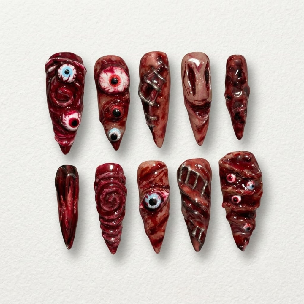 Gory Halloween Press On Nails, 3D Eyeball Flesh Stiletto Fake Nails, Bloody Wound Stitch Gel Nails, Creepy Horror Nails