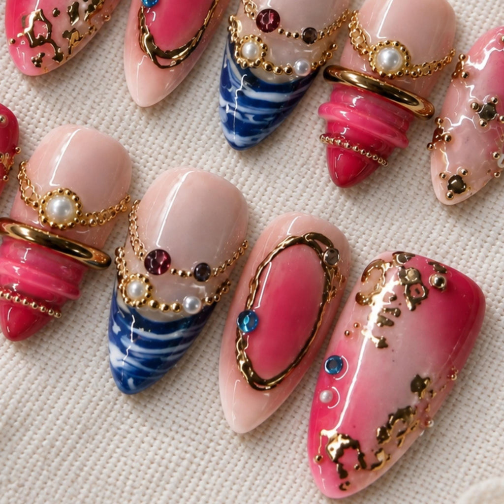 Luxury Pink Press On Nails, 3D Gold Pearl Gem Nail Art, Princess Jewelry Nails