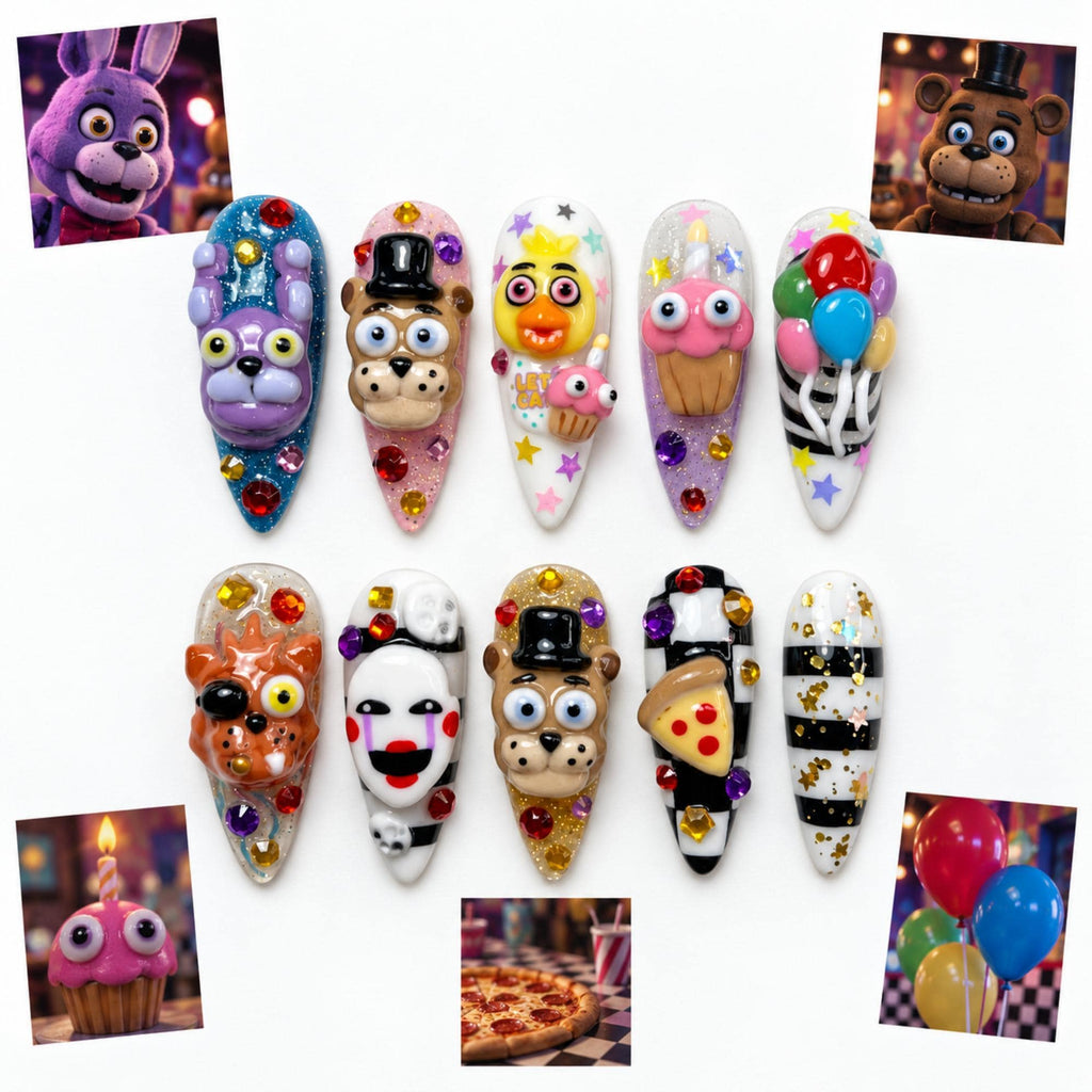 Handmade Spooky Character Press On Nails, FNAF Inspired Nail Set, Bonnie Freddy Foxy Pizza & Balloon Accents, Nails For Fun Creepy Vibes