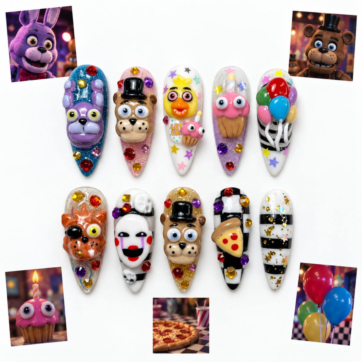 Handmade Spooky Character Press On Nails, FNAF Inspired Nail Set, Bonnie Freddy Foxy Pizza & Balloon Accents, Nails For Fun Creepy Vibes