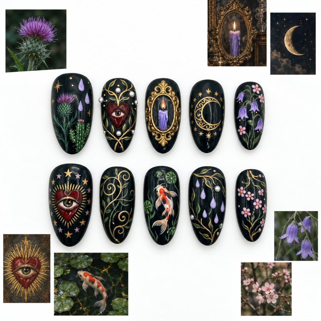Handmade Gothic Botanical Press On Nails, Mystic Celestial Nail Set, Eye Moon Candle & Koi Fish Accents, Nails For Dark Enchanted Vibes