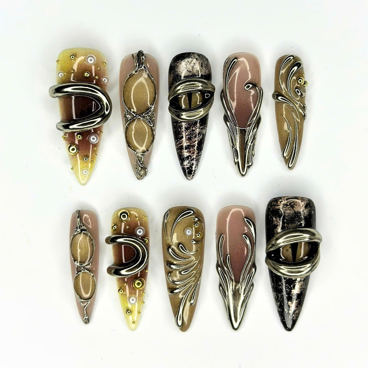 Jewelry Inspired Press On Nails, Antique Gold Silver 3D Nails, Vintage Metal Statement Nails, Luxury Abstract Nail Art, JB670UC