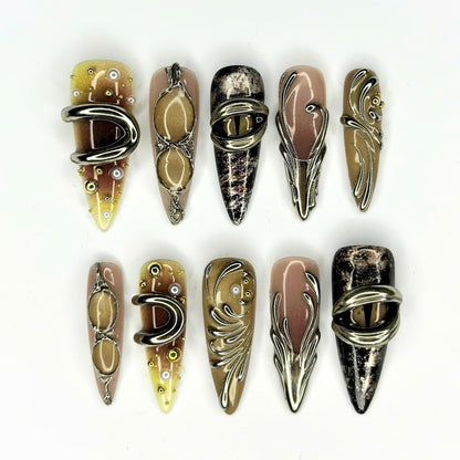Jewelry Inspired Press On Nails, Antique Gold Silver 3D Nails, Vintage Metal Statement Nails, Luxury Abstract Nail Art, JB670UC