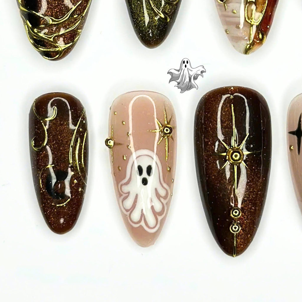 Halloween Press On Nails, Spooky Ghost Nail Art, Brown Gold Witchy Nails, Dark Celestial 3D Nails, Mystical Fall Nails, JC670UC
