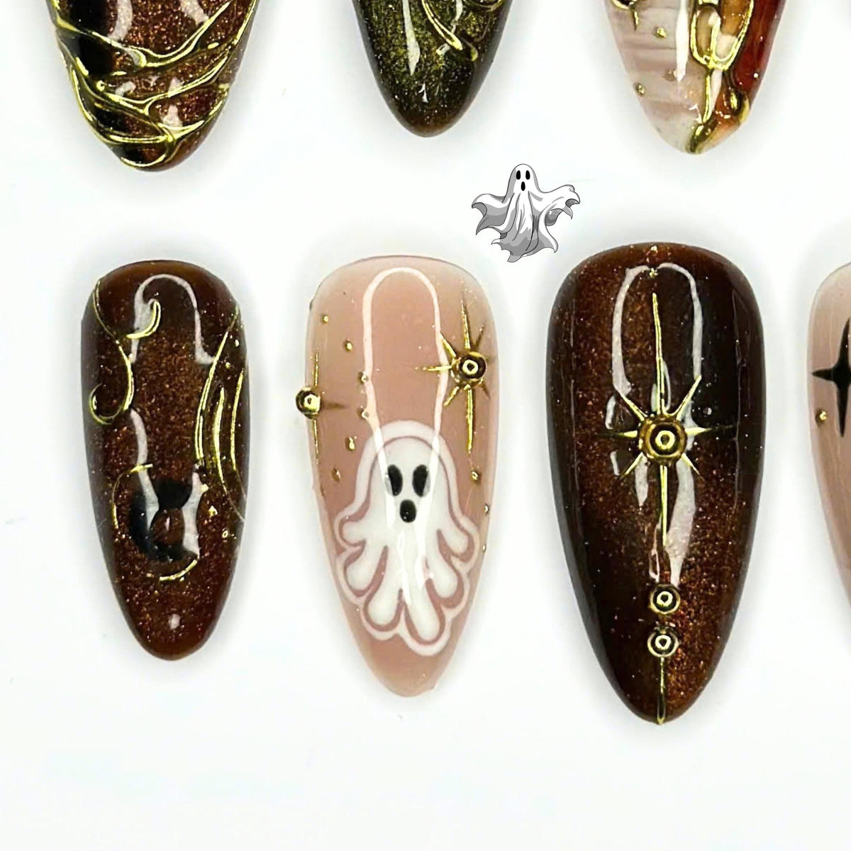 Halloween Press On Nails, Spooky Ghost Nail Art, Brown Gold Witchy Nails, Dark Celestial 3D Nails, Mystical Fall Nails, JC670UC