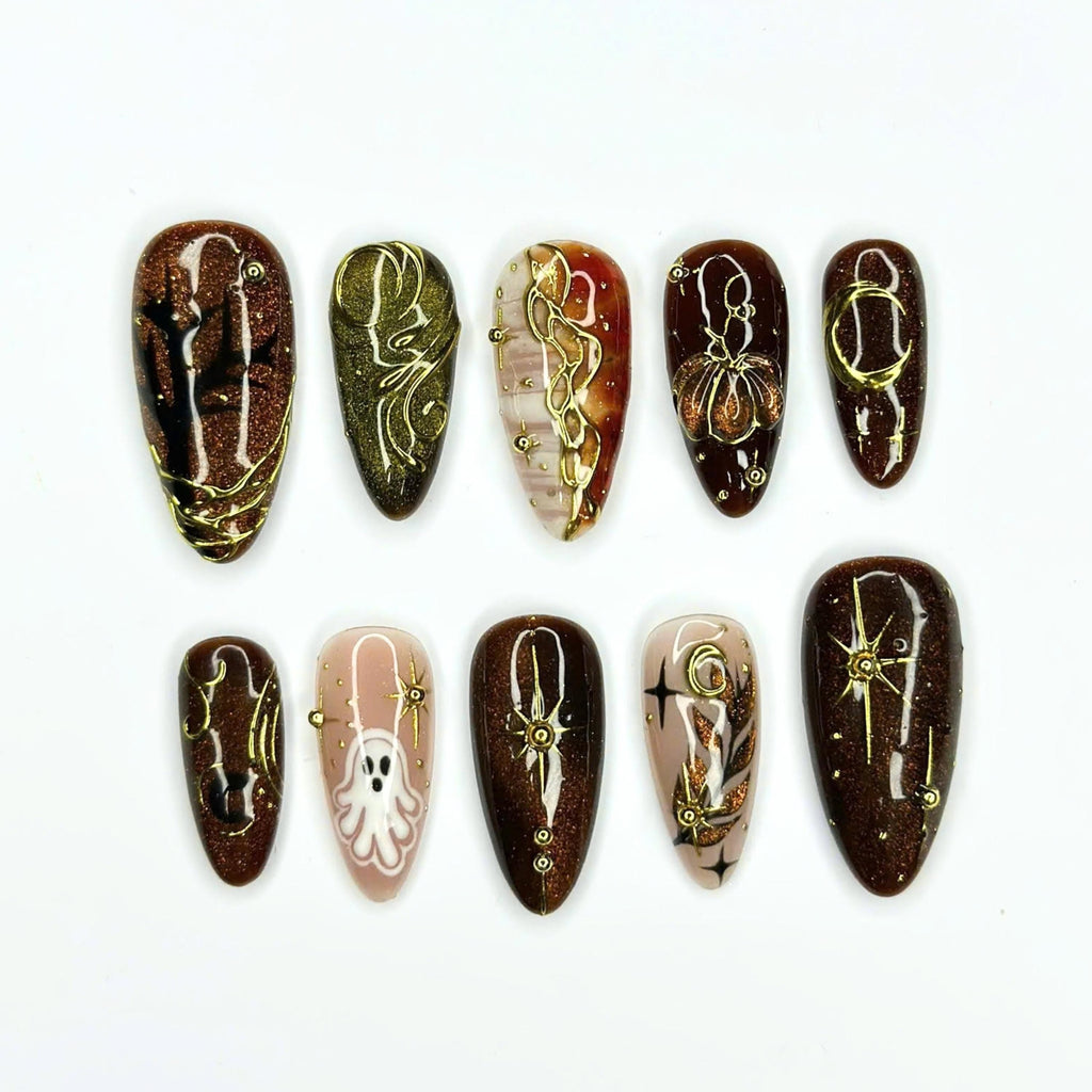 Halloween Press On Nails, Spooky Ghost Nail Art, Brown Gold Witchy Nails, Dark Celestial 3D Nails, Mystical Fall Nails, JC670UC