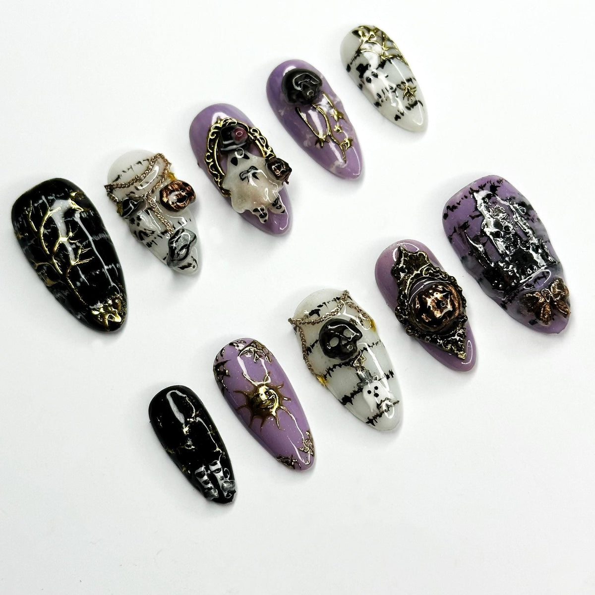 Gothic Halloween Press On Nails with 3D Charms | Purple Black Skull Ghost Fake Nails | Handmade Spooky Nails for Halloween Party| JB682LT