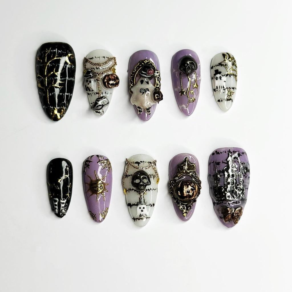 Gothic Halloween Press On Nails with 3D Charms | Purple Black Skull Ghost Fake Nails | Handmade Spooky Nails for Halloween Party| JB682LT
