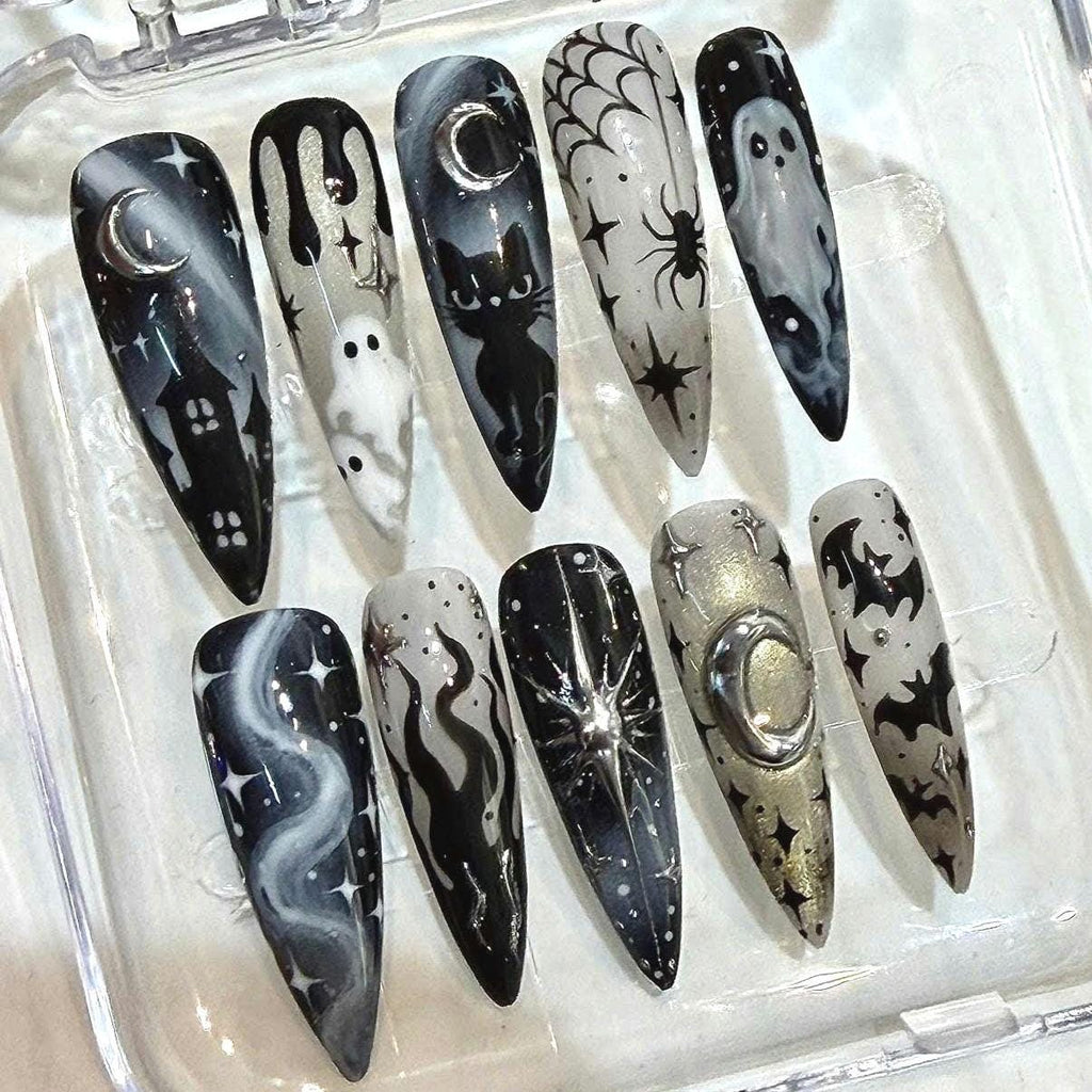 Gothic Halloween Press On Nails, Black Cat Ghost Spooky Moon Stars (Coffin Set)