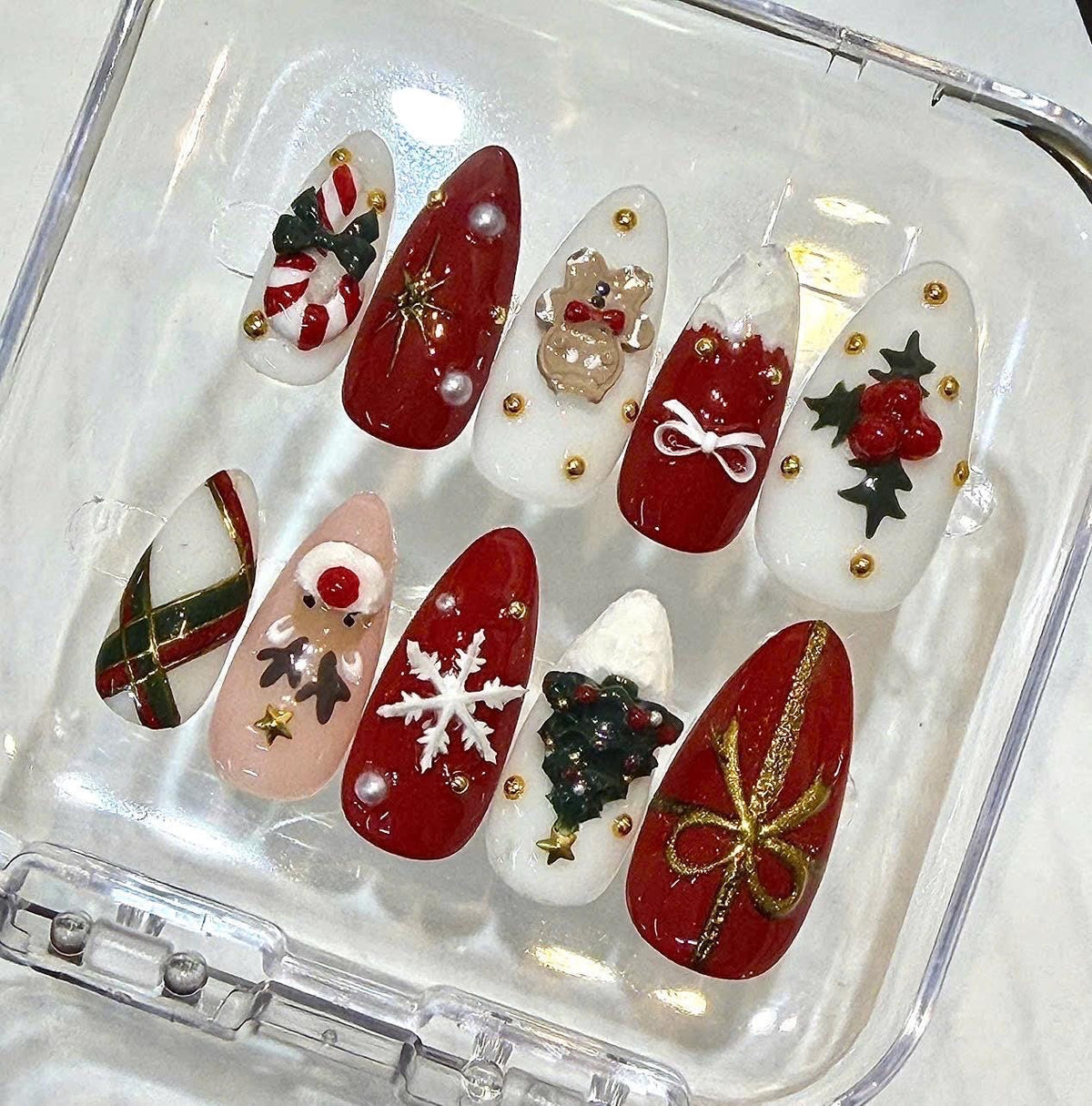 3D Christmas Press-On Nails, Red White Holiday Designs, Reindeer Snowflake (10 Pcs)