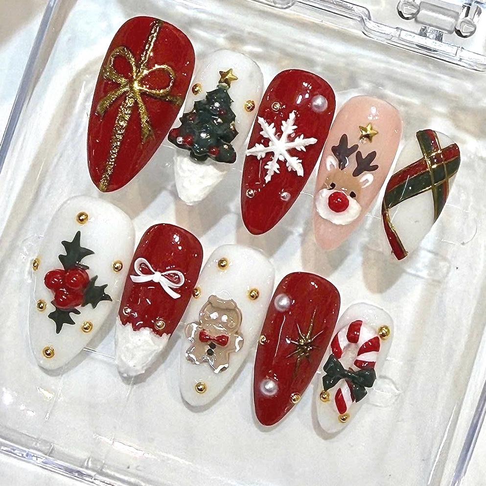 3D Christmas Press-On Nails, Red White Holiday Designs, Reindeer Snowflake (10 Pcs)