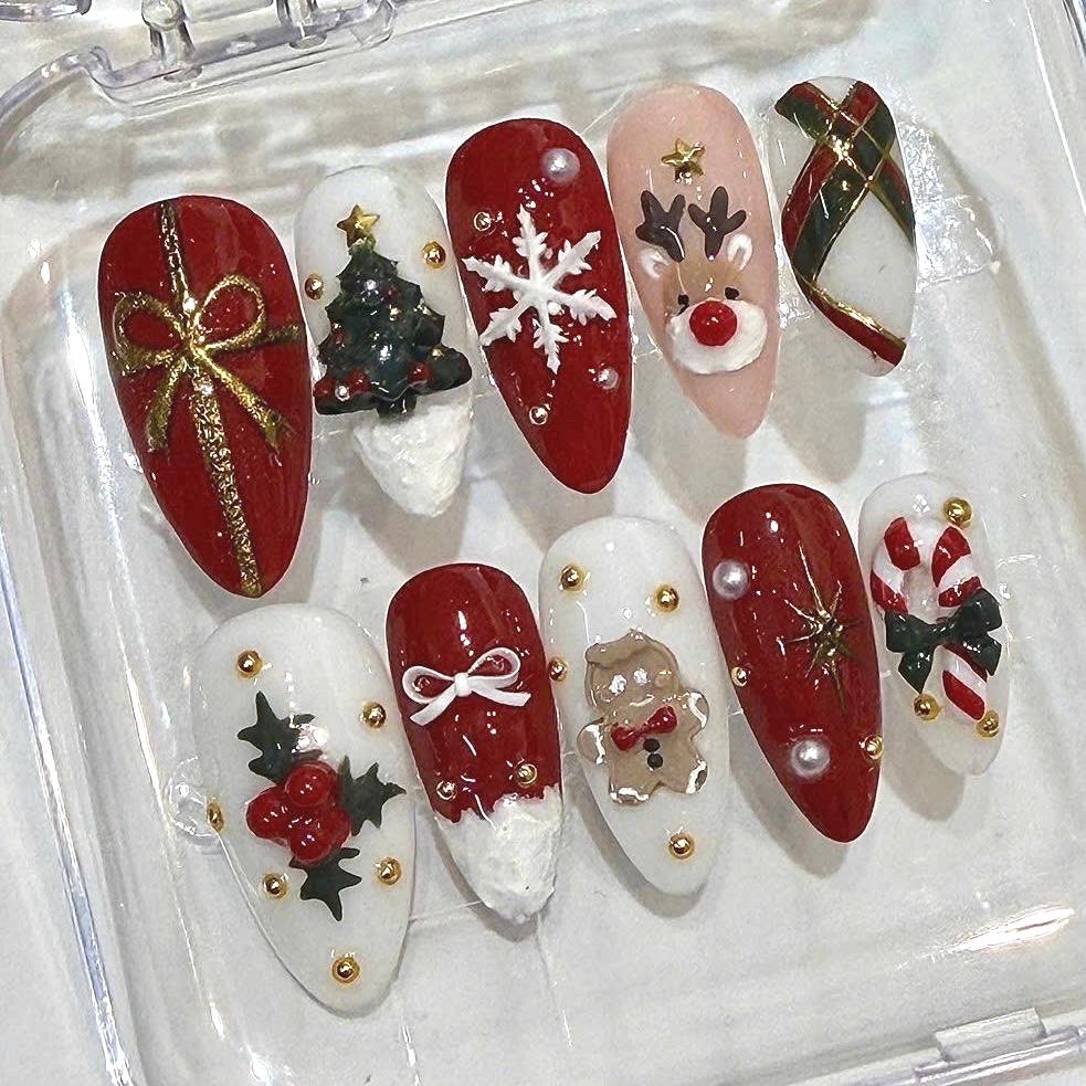 3D Christmas Press-On Nails, Red White Holiday Designs, Reindeer Snowflake (10 Pcs)
