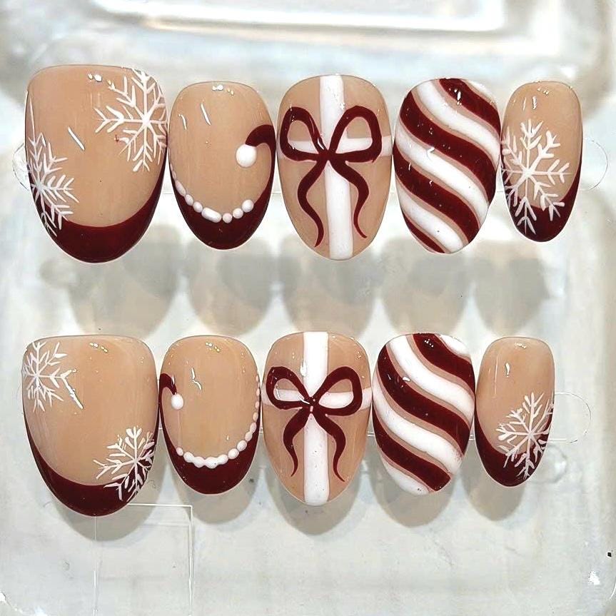 Handmade Christmas Press-On Nails, Red Snowflake, Candy Stripe, Bow Holiday Set