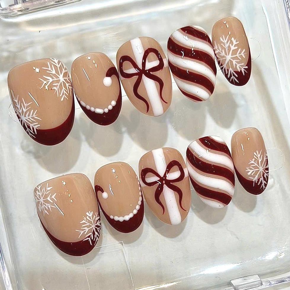 Handmade Christmas Press-On Nails, Red Snowflake, Candy Stripe, Bow Holiday Set